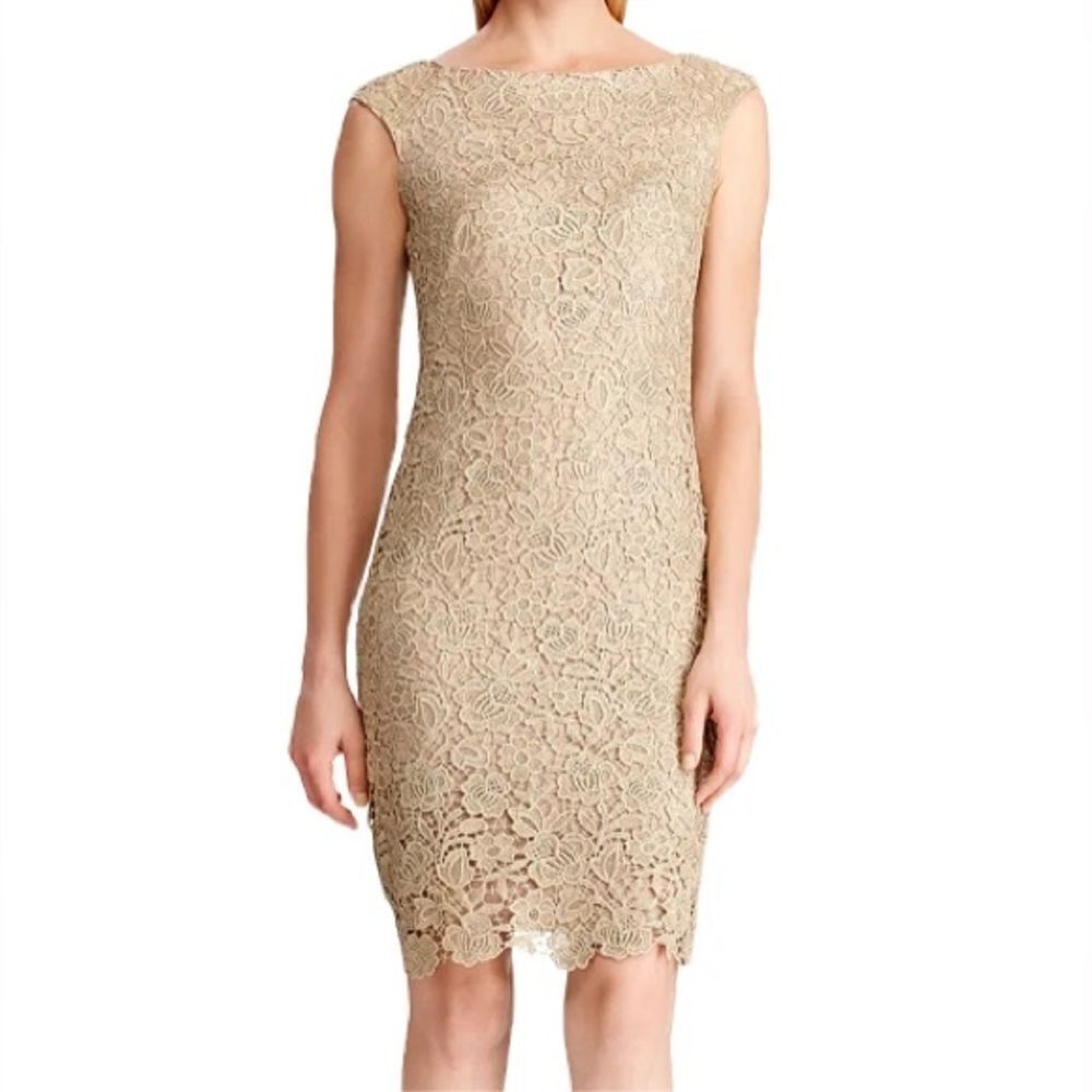 NWT Lauren Ralph Lauren Lace Sheath Dress Size 10 Champagne & Silver Metallic